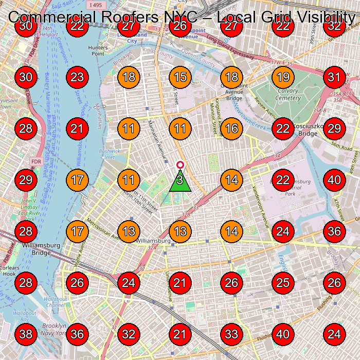 Commercial Roofers NYC GeoGrid visibility map for Roofing Contractor in Brooklyn